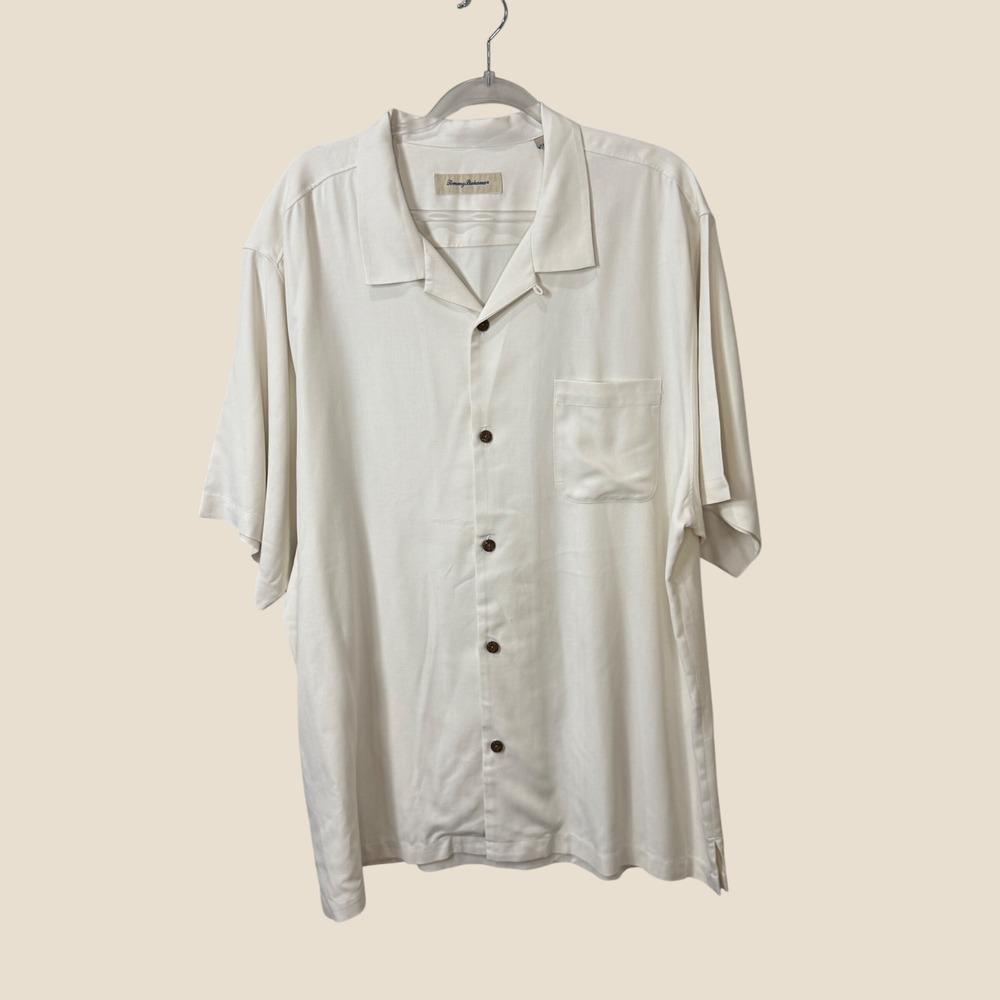 Tommy Bahama Mens XXL Cream 100% Silk Herringbone Short Sleeve Camp Shirt